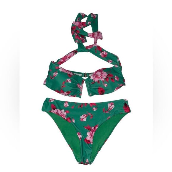 Flax marker Large Green and Pink Floral Bikini two piece tie neck soft padded - Picture 2 of 5